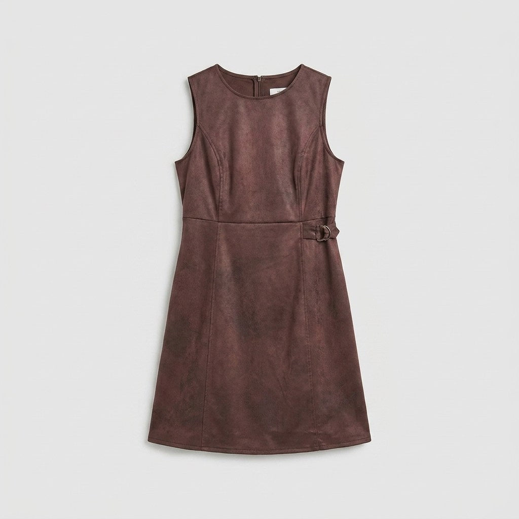 Vestido Corto de Suede con Hebilla Decorativa Café en plano