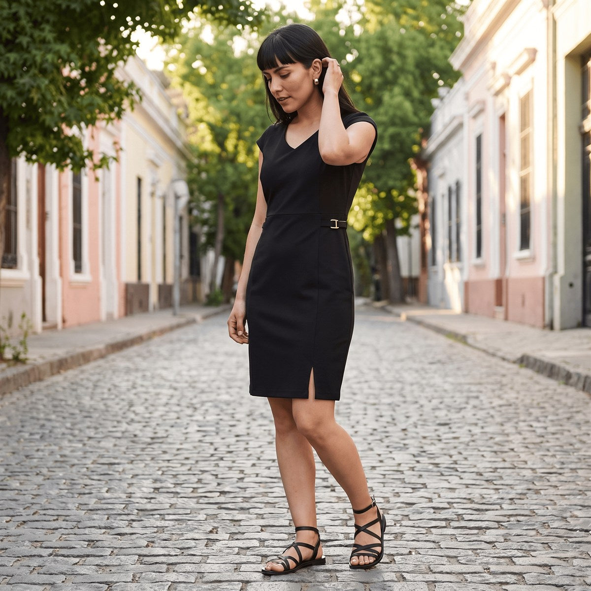 Vestido Midi Manga Corta Elasticado Negro lifestyle