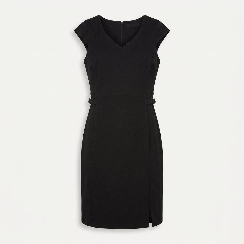 Vestido Midi Manga Corta Elasticado Negro en plano