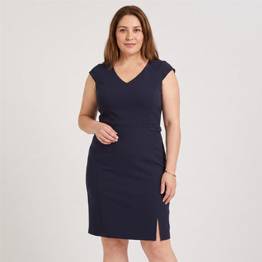 Vestido Midi Manga Corta Elasticado Azul en modelo plus size