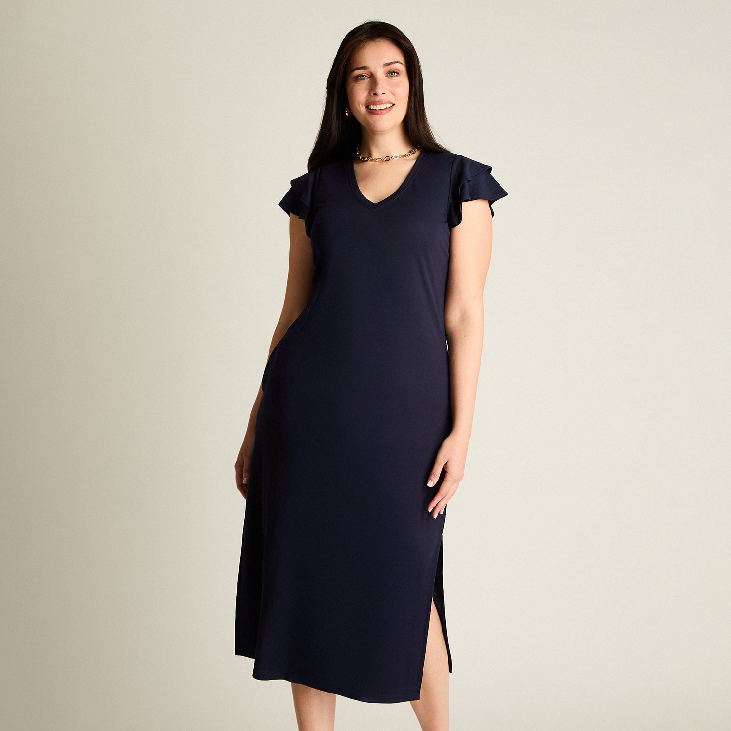 Vestido Maxi Azul Baja elasticidad Sin Forro Calce Ajustado