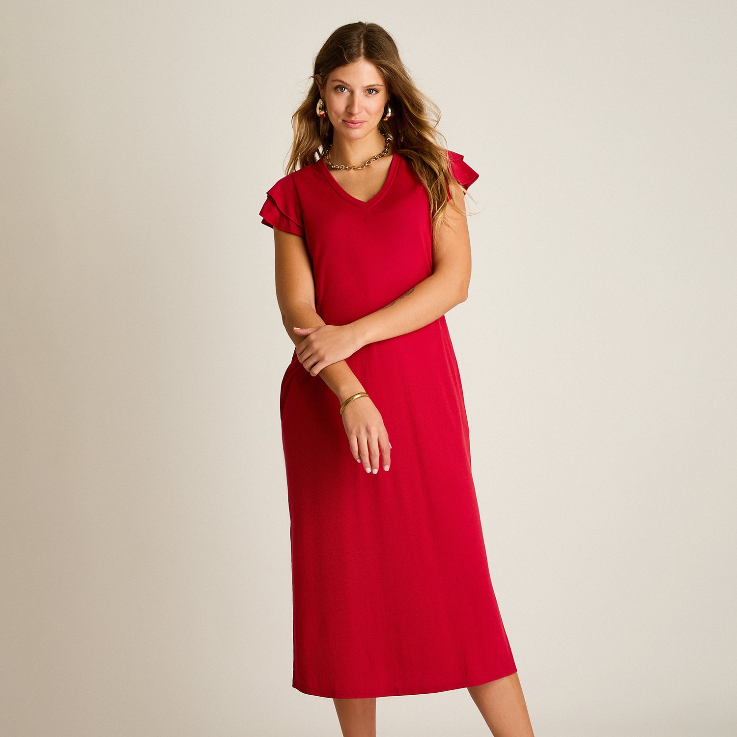 Vestido Maxi Fucsia Baja elasticidad Sin Forro Calce Ajustado