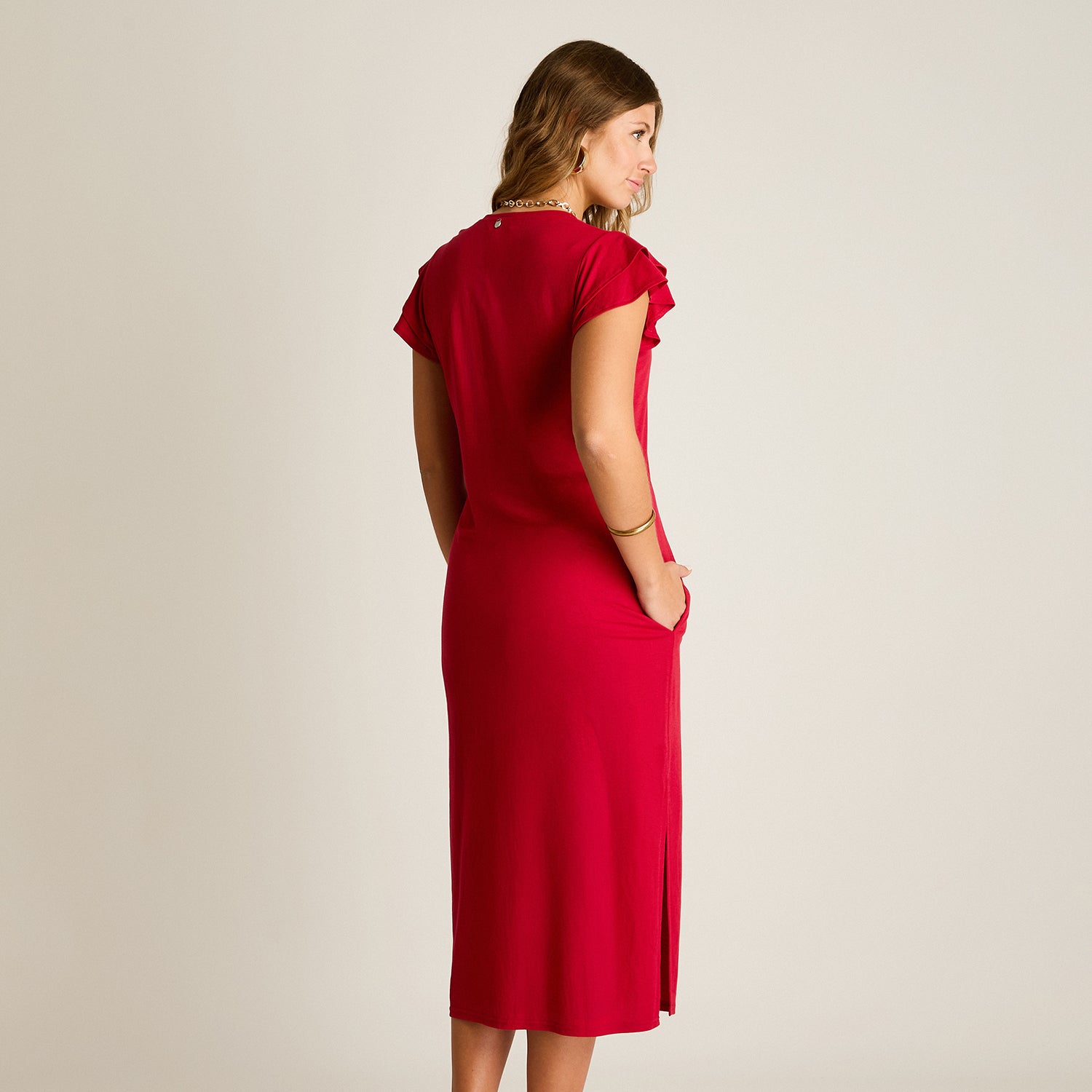 Vestido Maxi Fucsia Baja elasticidad Sin Forro Calce Ajustado