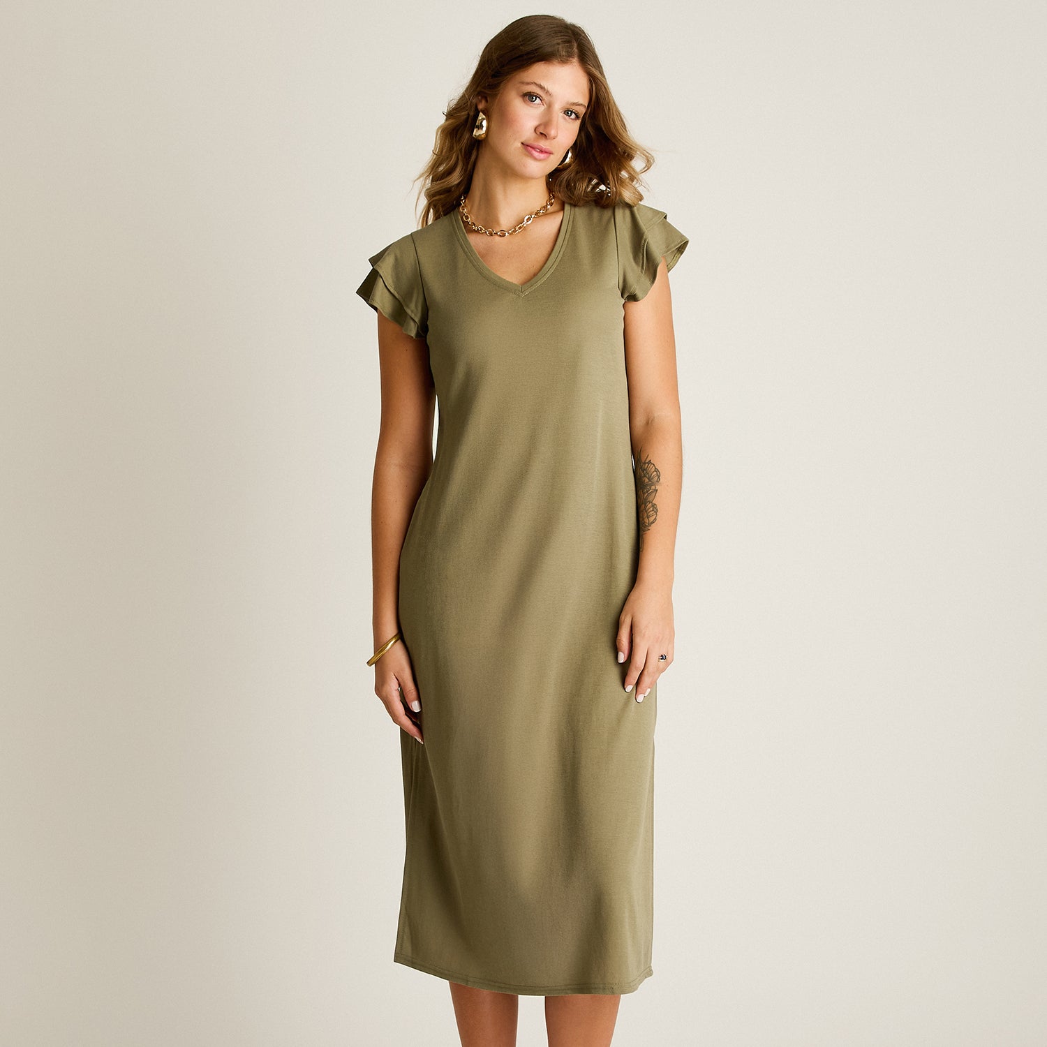 Vestido Maxi Verde Baja elasticidad Sin Forro Calce Ajustado