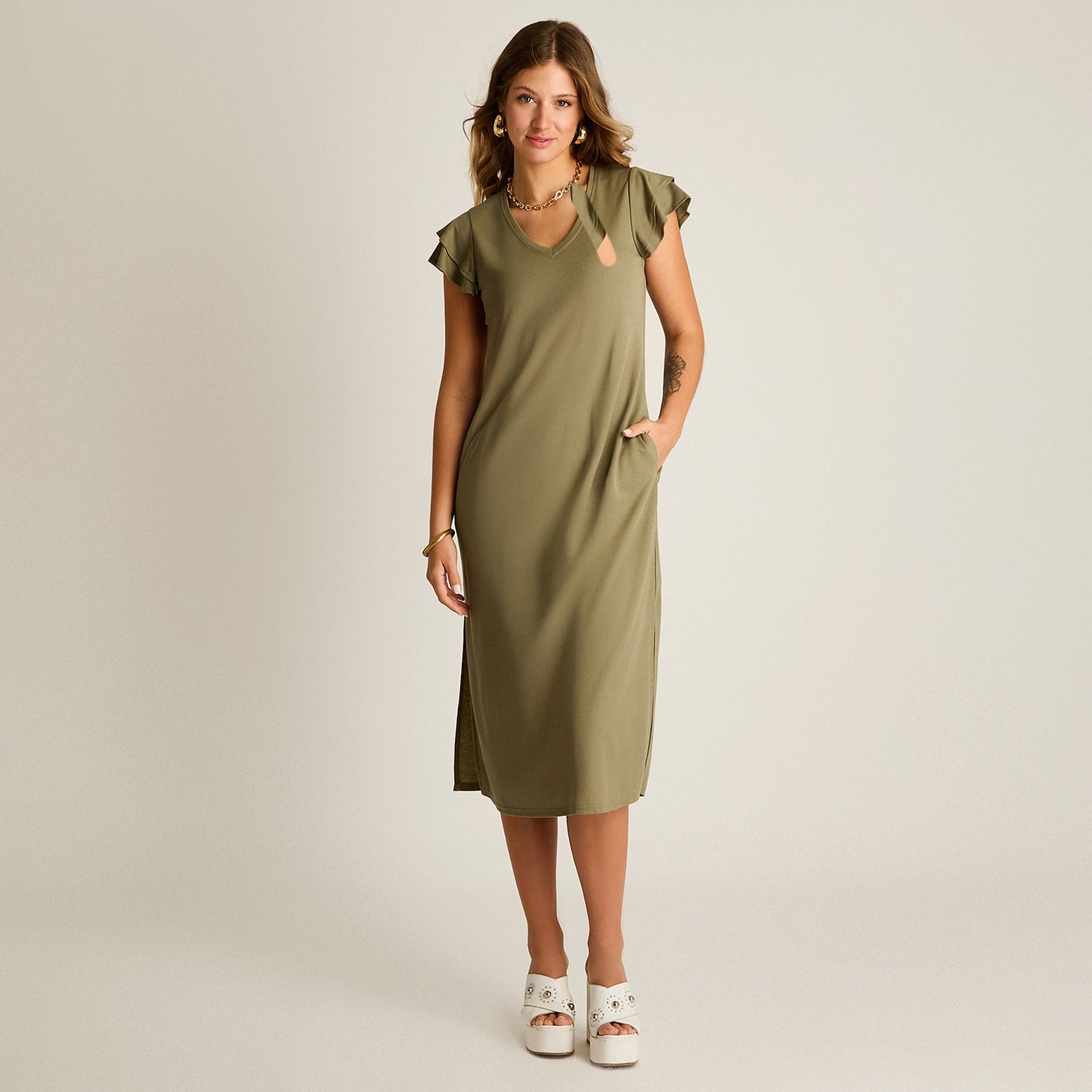 Vestido Maxi Verde Baja elasticidad Sin Forro Calce Ajustado