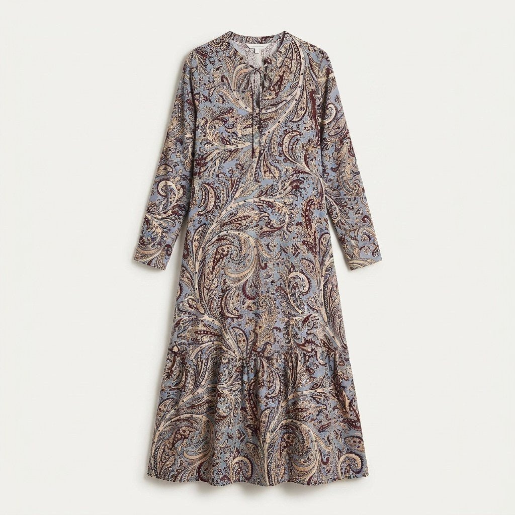 Vestido Largo Beige Con Estampado Y Cuello Mao en plano