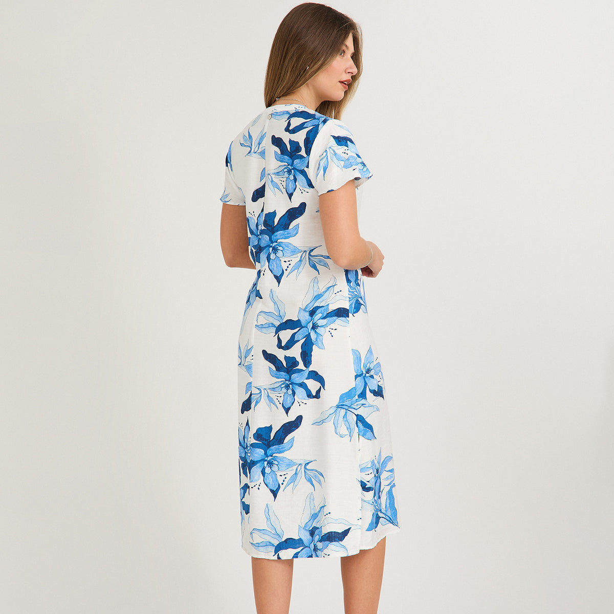 Vestido Midi Estampado Escote Mao Estampado Manga Vuelo Azul