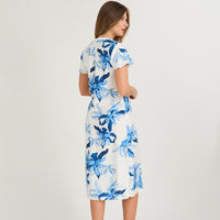 Vestido Midi Estampado Escote Mao Estampado Manga Vuelo Azul