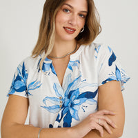 Vestido Midi Estampado Escote Mao Estampado Manga Vuelo Azul