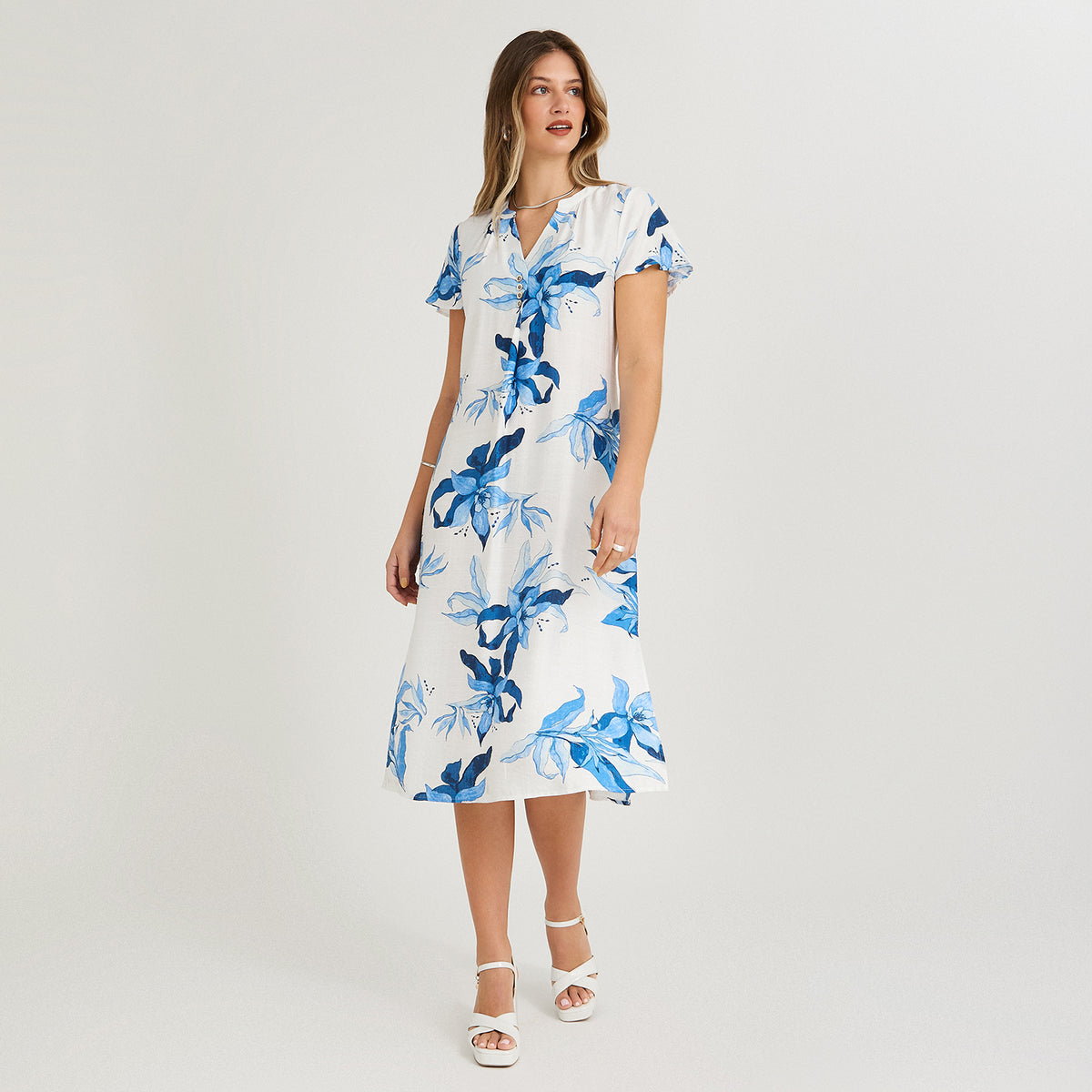 Vestido Midi Estampado Escote Mao Estampado Manga Vuelo Azul
