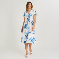 Vestido Midi Estampado Escote Mao Estampado Manga Vuelo Azul