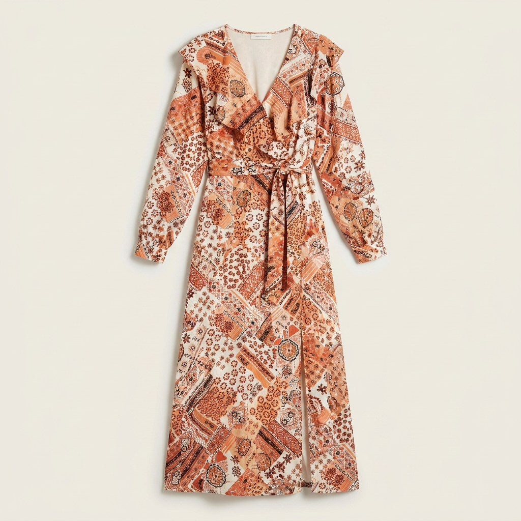 Maxi Vestido Estampado Con Lúrex Terracota en plano