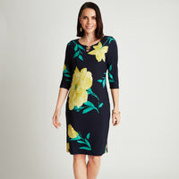 Vestido Midi Azul Manga 3/4 Estampado Cuello Redondo