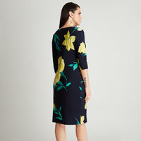 Vestido Midi Azul Manga 3/4 Estampado Cuello Redondo