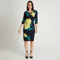 Vestido Midi Azul Manga 3/4 Estampado Cuello Redondo