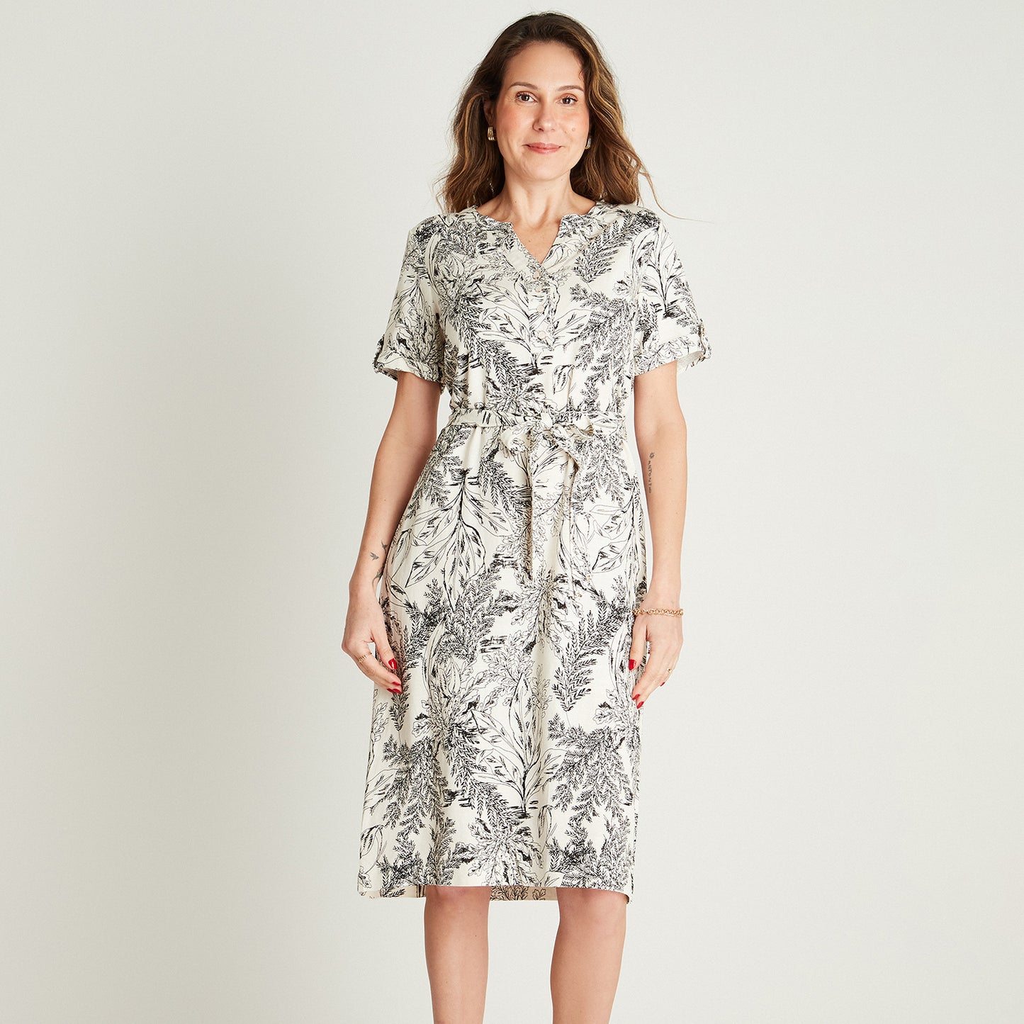 Vestido Maxi Crudo Manga Corta Cuello Mao Lorenzo di Pontti