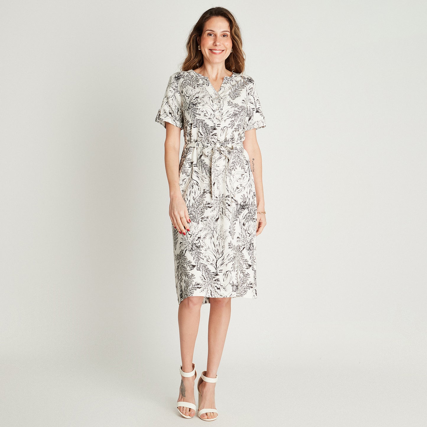 Vestido Maxi Crudo Manga Corta Cuello Mao Lorenzo di Pontti