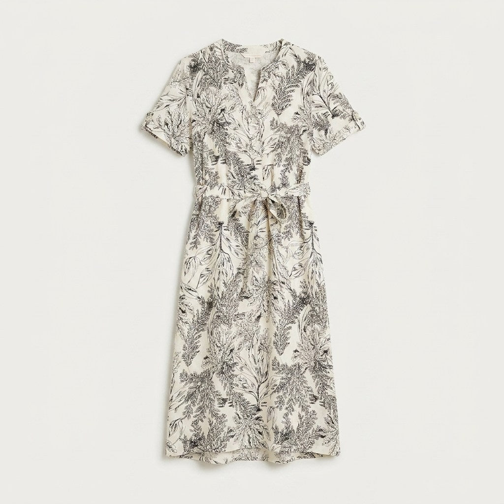 Vestido Maxi Lino Crudo Manga Corta Cuello Mao en plano