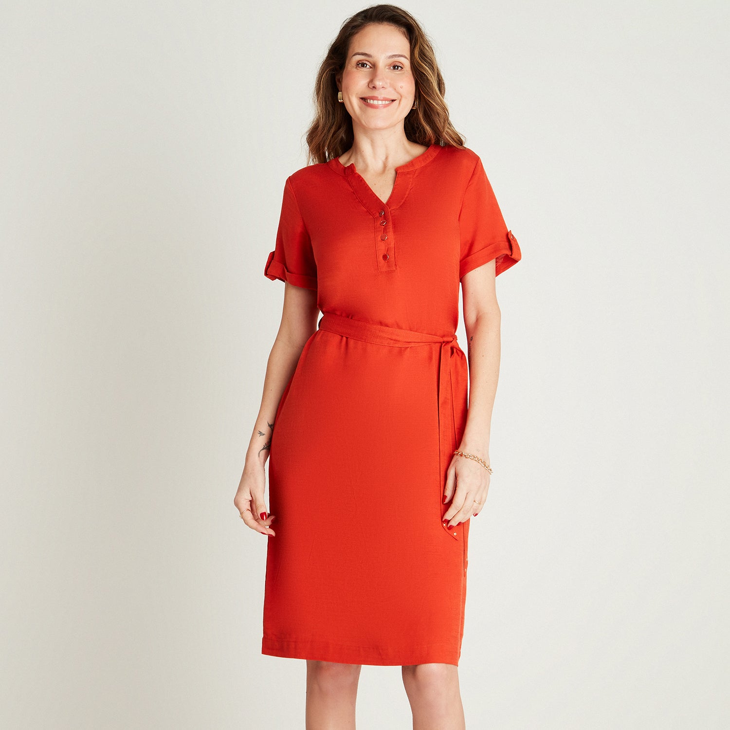 Vestido Maxi Naranjo Manga Corta Cuello Mao Lorenzo di Pontti