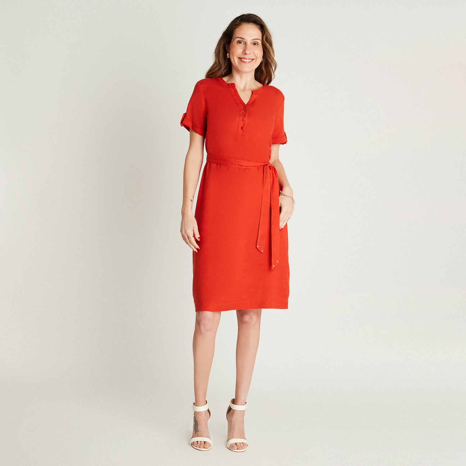 Vestido Maxi Naranjo Manga Corta Cuello Mao Lorenzo di Pontti