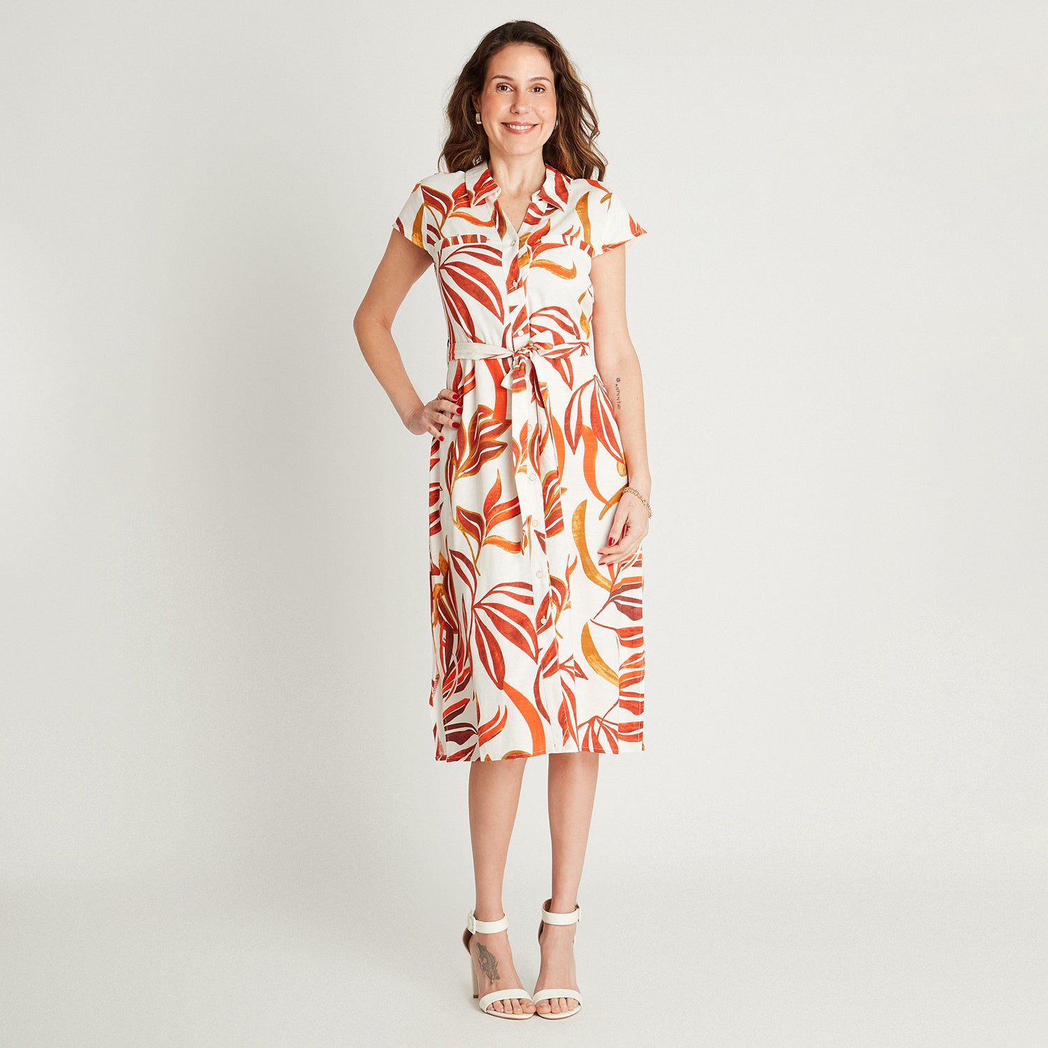 Vestido Maxi Naranjo Manga Corta Estampado Cuello Camisero Lorenzo di Pontti