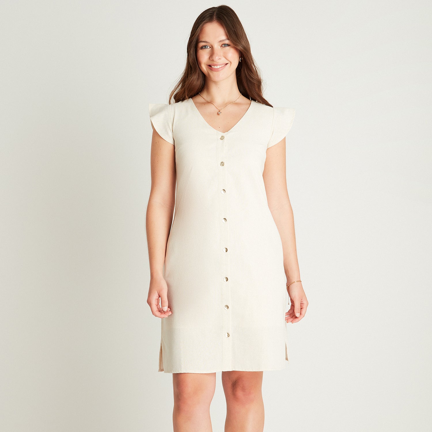 Vestido Corto Beige Manga Corta Cuello V Lorenzo di Pontti