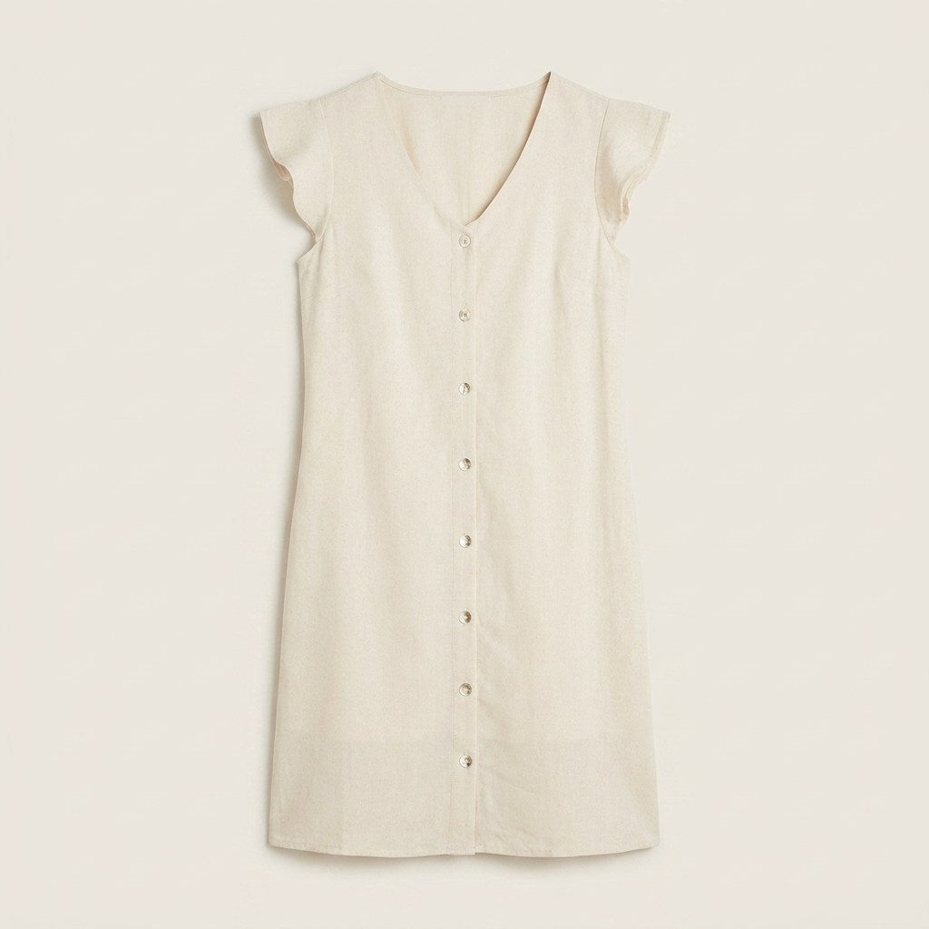 Vestido Corto Beige Manga Corta Cuello V en plano