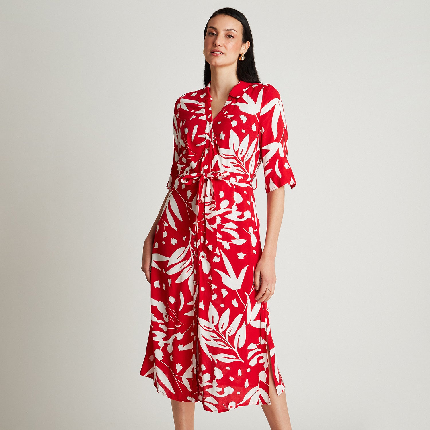 Vestido Midi Rojo Manga Codo Estampado Cuello Camisero Lorenzo di Pontti