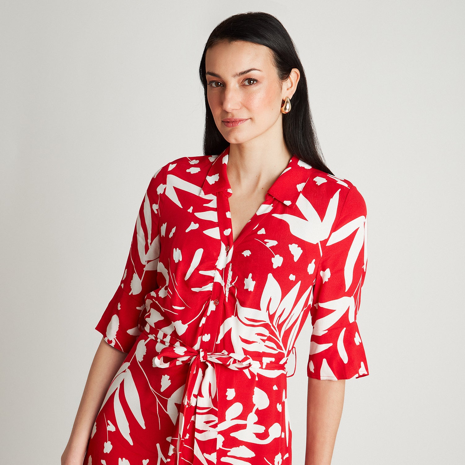 Vestido Midi Rojo Manga Codo Estampado Cuello Camisero Lorenzo di Pontti