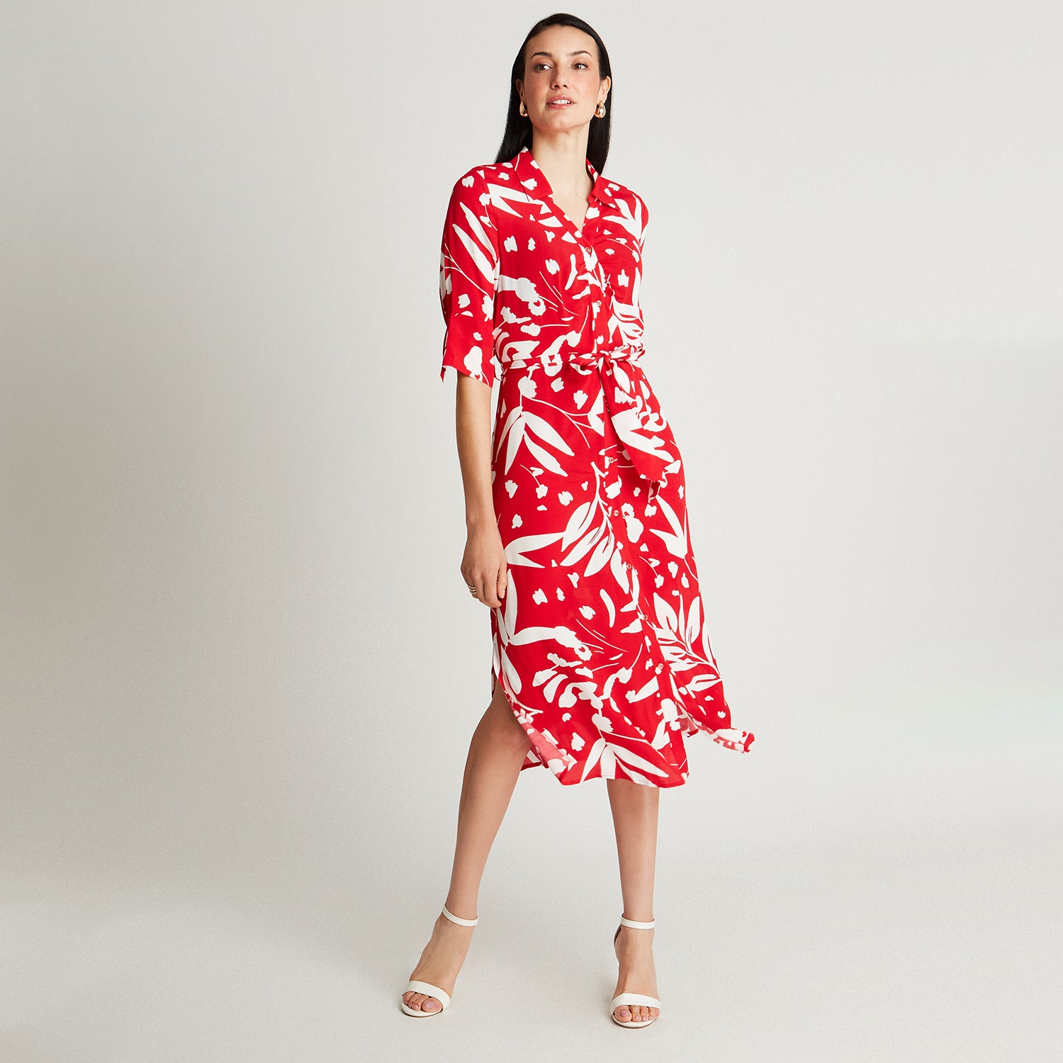 Vestido Midi Rojo Manga Codo Estampado Cuello Camisero Lorenzo di Pontti