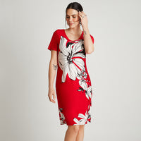 Vestido Midi Rojo Manga Corta Estampado Cuello V Lorenzo di Pontti