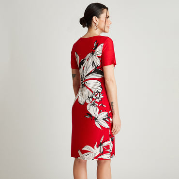 Vestido Midi Rojo Manga Corta Estampado Cuello V Lorenzo di Pontti