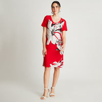 Vestido Midi Rojo Manga Corta Estampado Cuello V Lorenzo di Pontti
