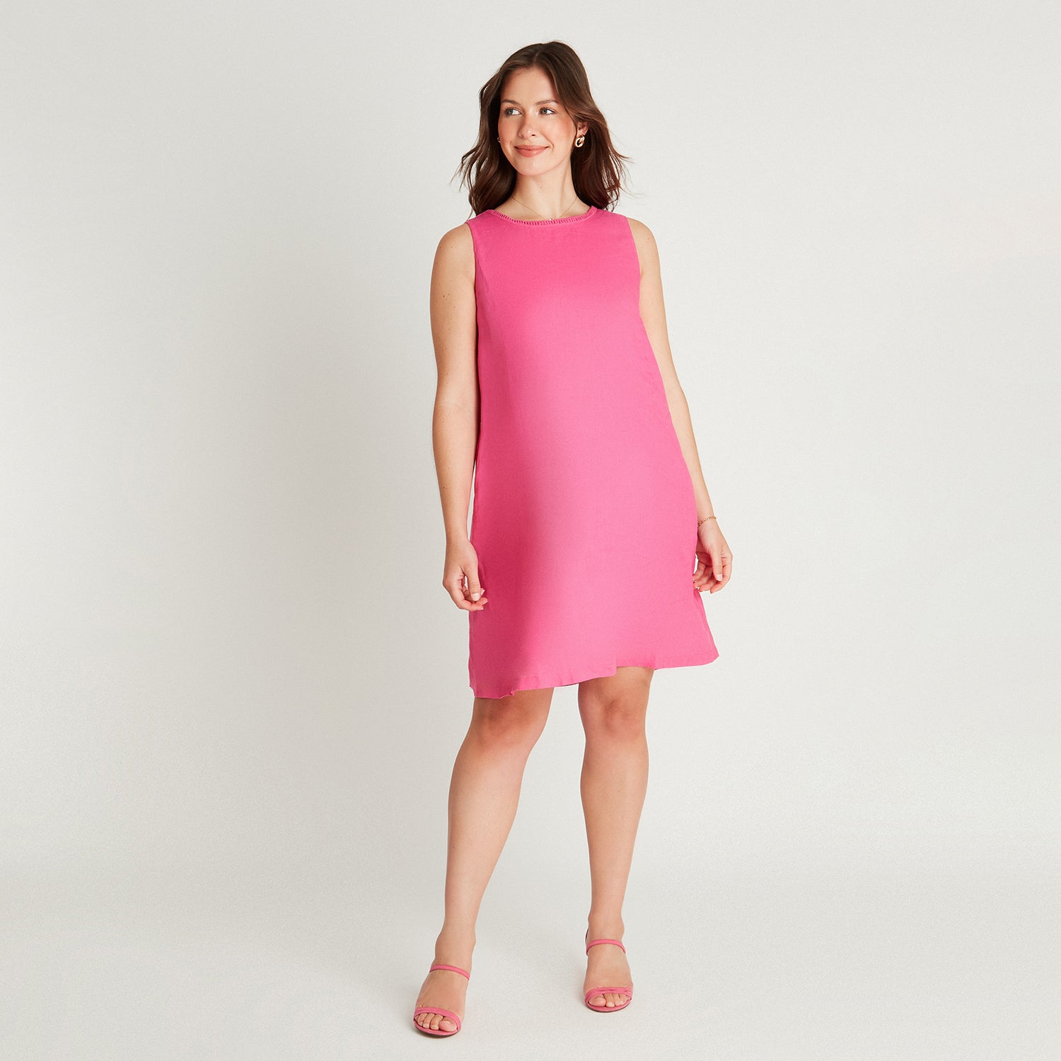 Vestido Midi Fucsia Sin Manga Cuello Redondo Lorenzo di Pontti