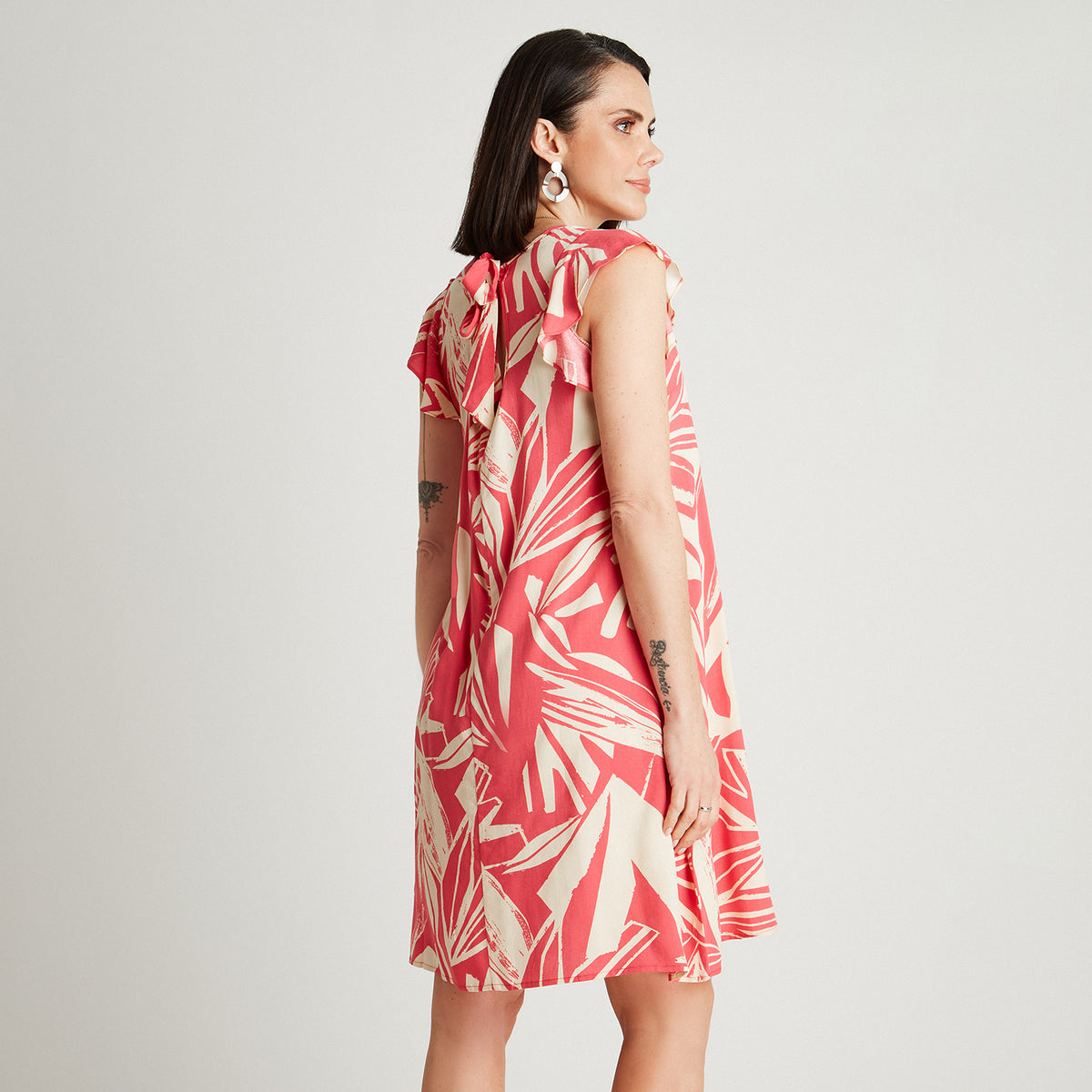 Vestido Corto Coral Manga Corta Estampado Cuello Redondo Curvi