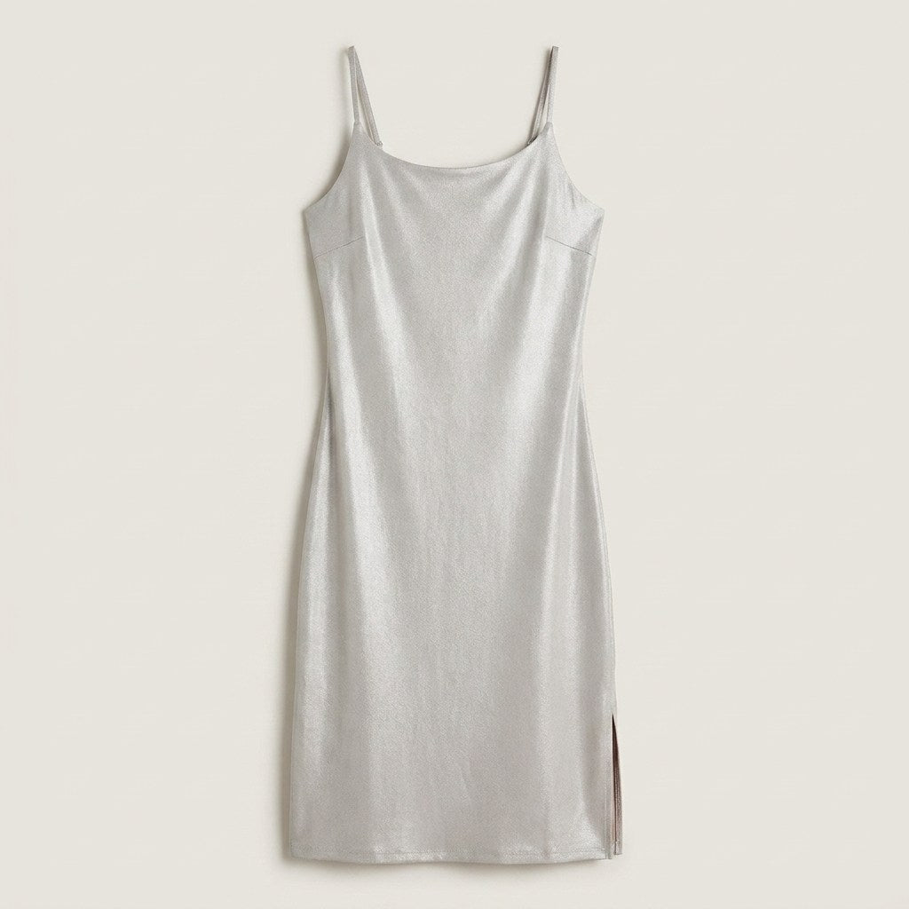 Vestido Corto Plateado con Tirantes en plano