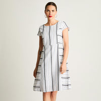 Vestido De Lino Manga Corta Print Rayado Azul Lorenzo Di Pontti