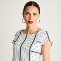 Vestido De Lino Manga Corta Print Rayado Azul Lorenzo Di Pontti