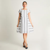 Vestido De Lino Manga Corta Print Rayado Azul Lorenzo Di Pontti