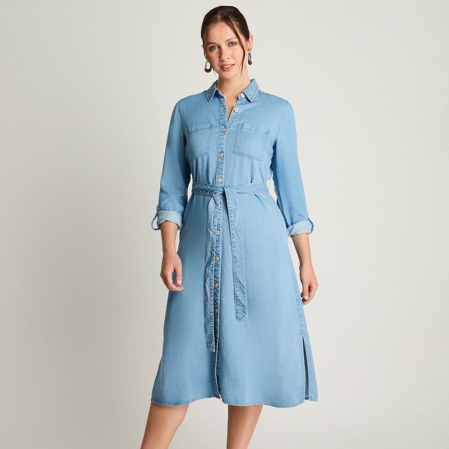 Vestido Manga Larga Lyocell Camisero Celeste Curvi