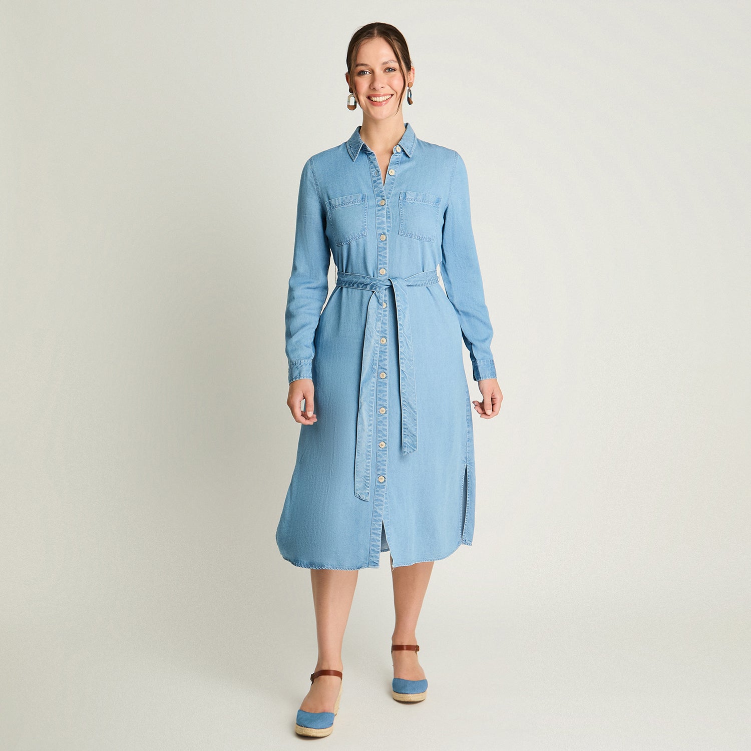 Vestido Manga Larga Lyocell Camisero Celeste Curvi