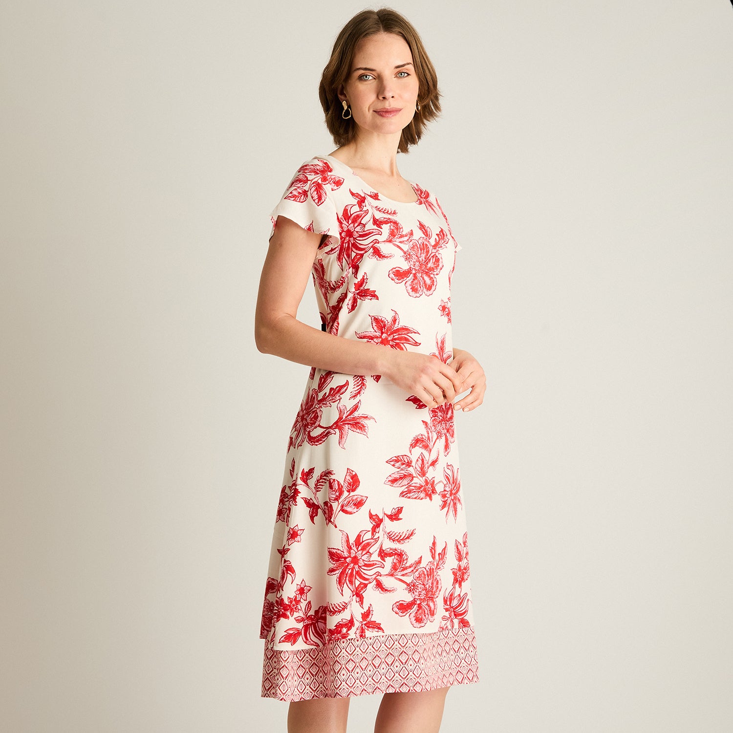 Vestido Midi Rojo Estampado Floral con Detalle en Ruedo