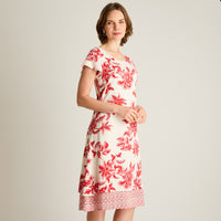 Vestido Midi Rojo Estampado Floral con Detalle en Ruedo