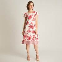 Vestido Midi Rojo Estampado Floral con Detalle en Ruedo