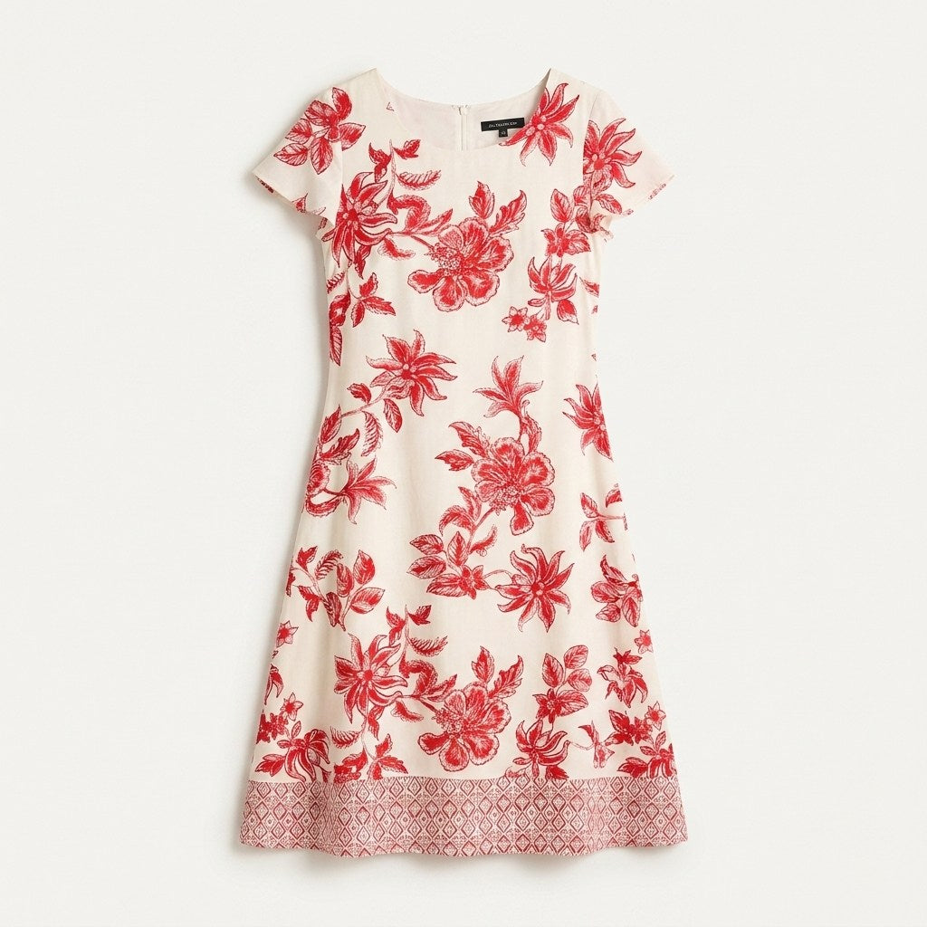 Vestido Midi Rojo Estampado Floral con Detalle en Ruedo en plano