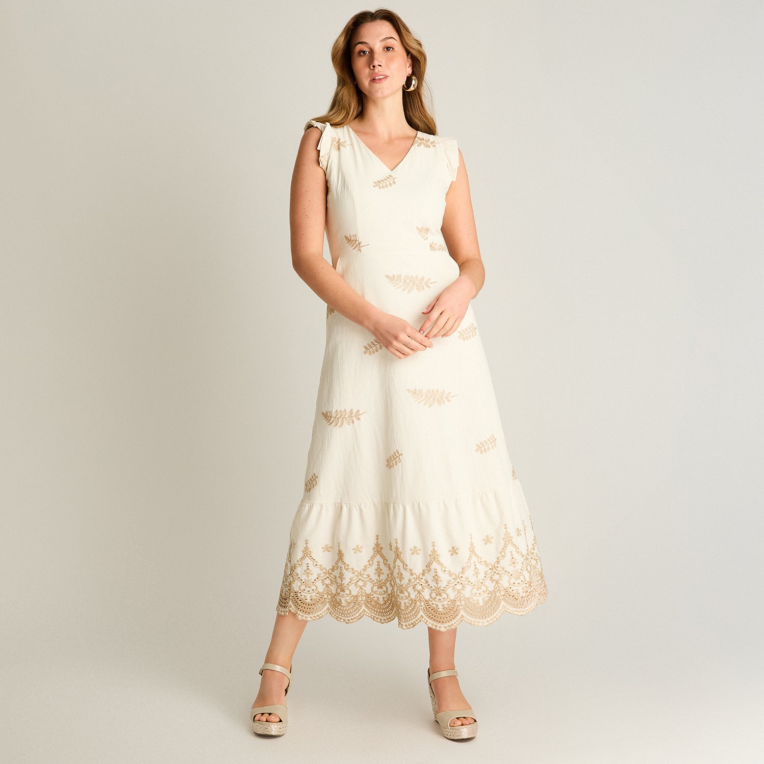 Vestido Midi Beige Con Broderie y Forro