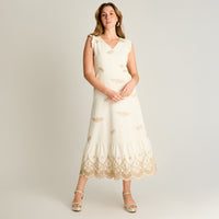 Vestido Midi Beige Con Broderie y Forro