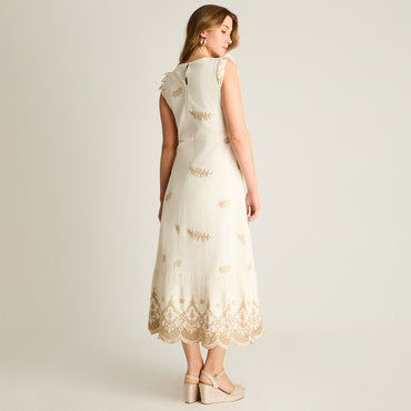 Vestido Midi Beige Con Broderie y Forro