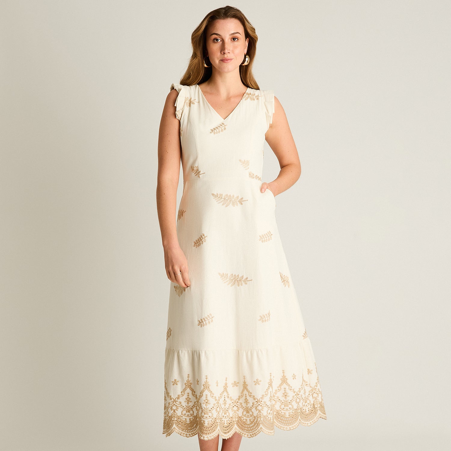 Vestido Midi Beige Con Broderie y Forro