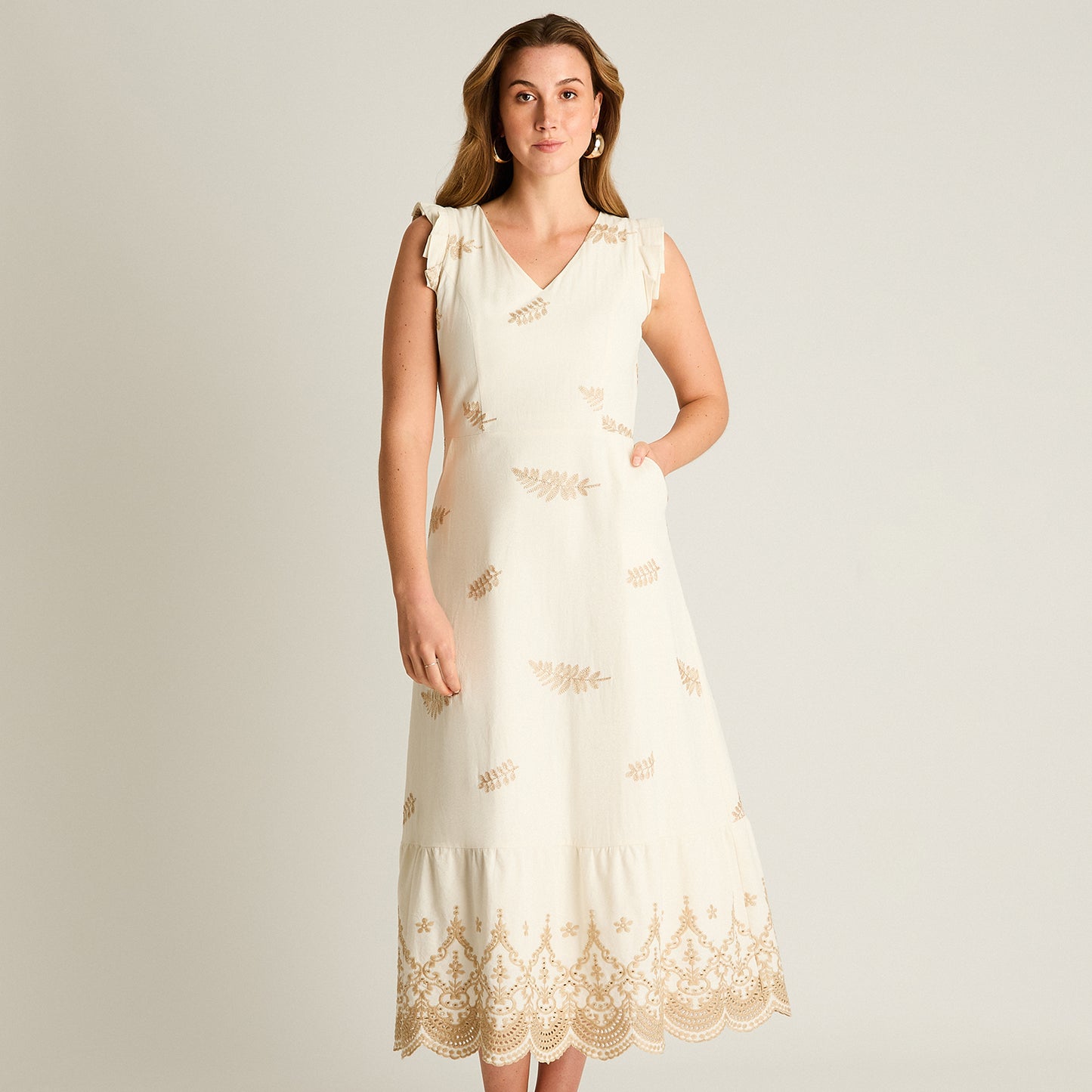 Vestido Midi Beige Con Broderie y Forro